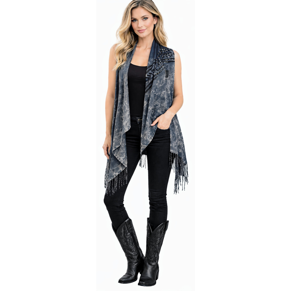 Vocal Sleeveless Duster Size Large Acid Wash Gray Cross Fringe Southwestern